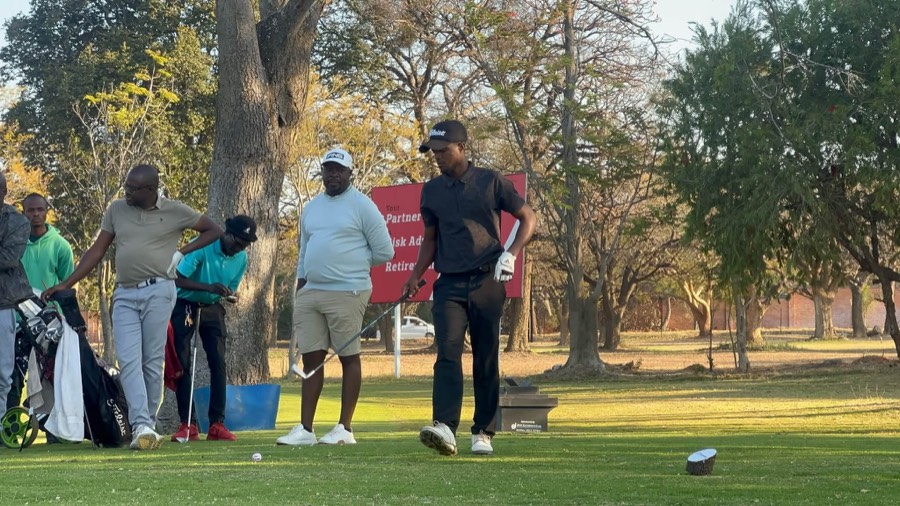 A golfer plays a shot, with a buggy out on the course
