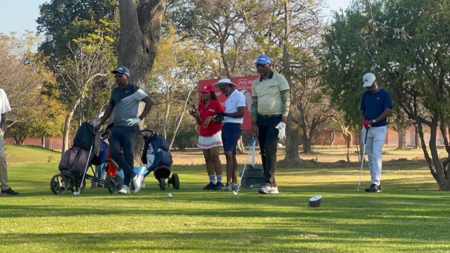 A golfer plays a shot, with a buggy out on the course