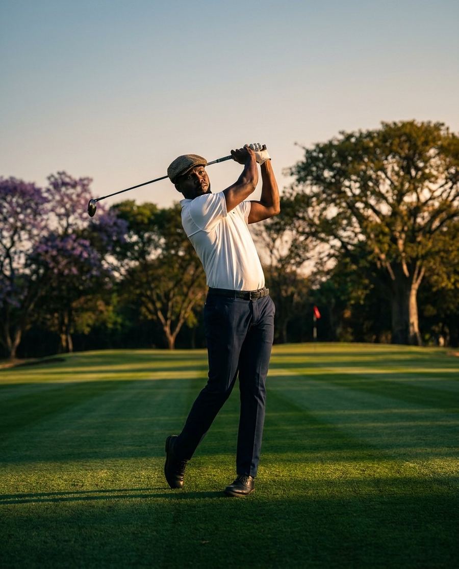 A golfer at the top of his follow-through at golden hour